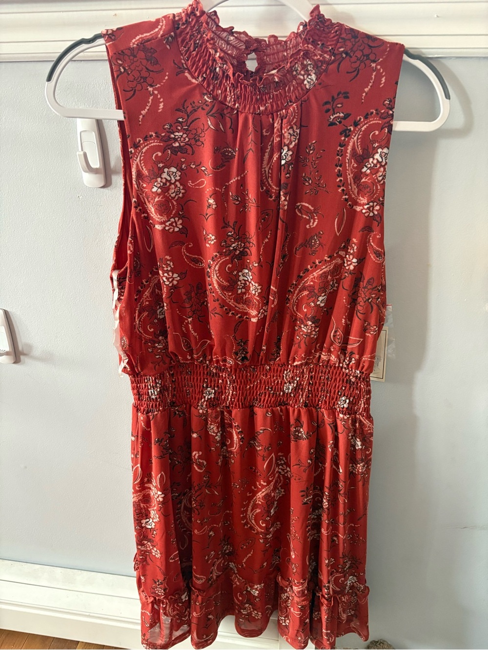 Smocked Waist Red Paisley Mini Dress